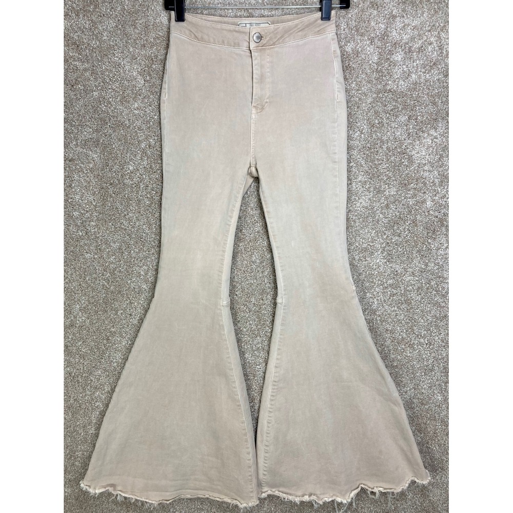Free People Just Float On Flare Jeans Women 26 Tan High Rise Bell Bottom Raw Hem